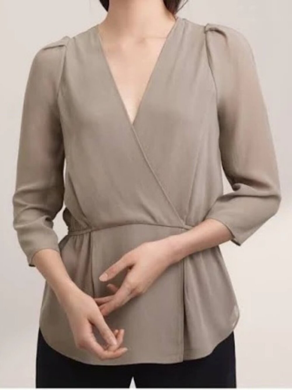 Aritzia Babaton Alexander Silk Wrap Blouse in Taupe EUC